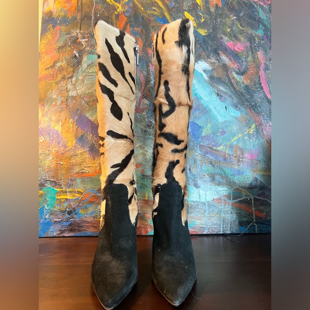 Versace Couture Animal Print Knee High Boots